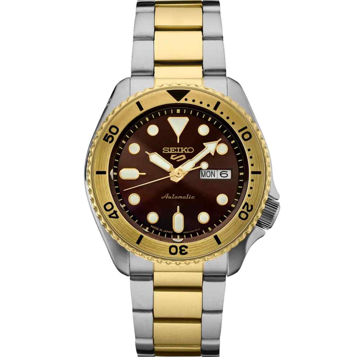 Seiko 5 Sports SRPK24 U.S Special Creation Brown Dial Two-Tone Gold Silver Stainless Steel Strap Automatic Men's Watch
