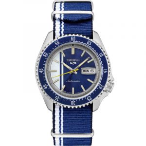Seiko Automatic SRPK69 Analogue Blue and White Striped Nylon Strap Men's Watch