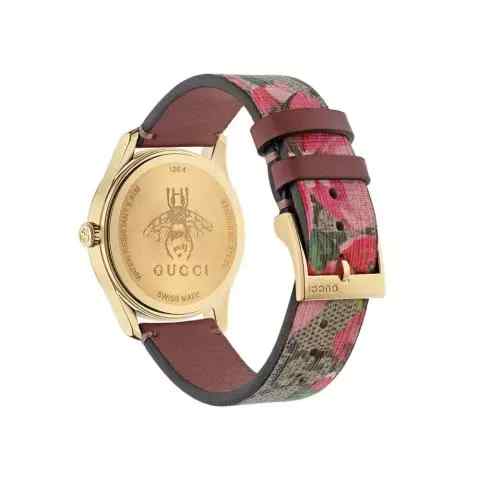 Gucci G-Timeless YA1264038A Pink Blooms Floral Fabric Strap Gold PVD Women's Watch - Image 3