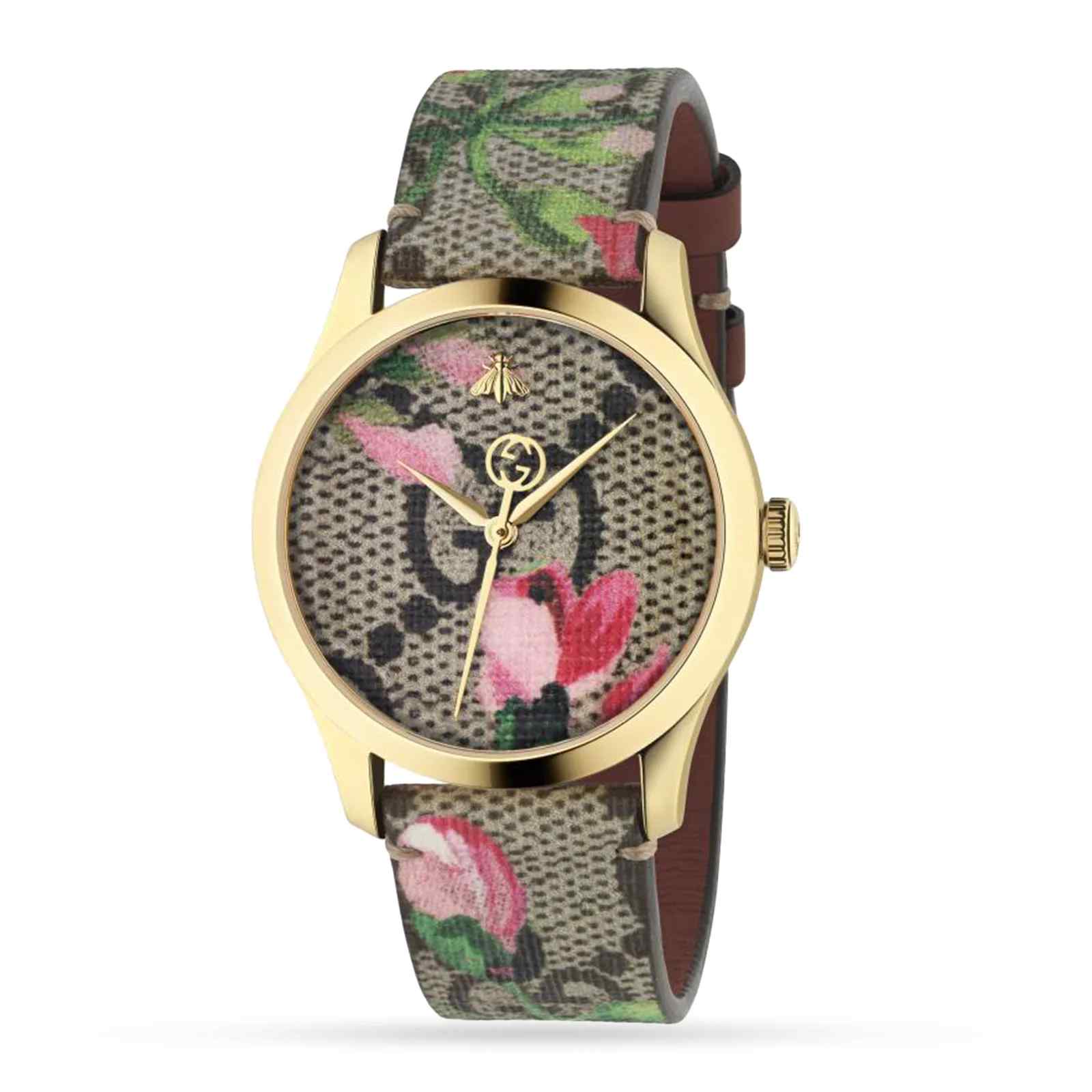 Gucci G-Timeless YA1264038A Pink Blooms Floral Fabric Strap Gold PVD Women's Watch