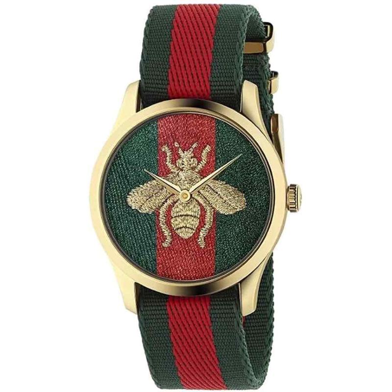 Gucci G-Timeless Unisex Green/Red Web Bee Watch - 38mm Gold PVD & Fabric Strap YA126487