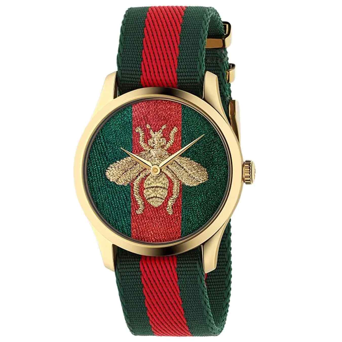 Gucci G-Timeless Unisex Green/Red Web Bee Watch - 38mm Gold PVD & Fabric Strap YA126487A