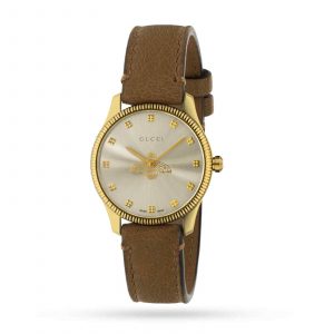 Gucci G-Timeless Ladies Gold PVD Bee Watch - 29mm Silver Dial & Brown Leather Strap YA1265022