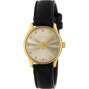 Gucci G-Timeless Ladies Gold PVD Bee Watch - 29mm Silver Dial & Black Leather Strap YA1265023