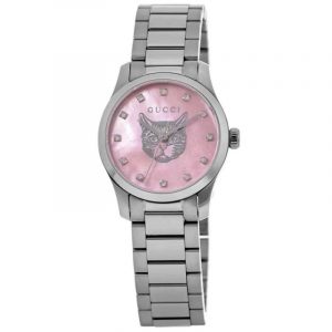 Gucci G-Timeless Ladies Pink Mother-of-Pearl Cat Head Diamond Watch - 29mm Steel Bracelet YA1265025