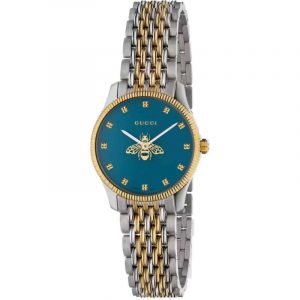Gucci G-Timeless Ladies Two-Tone Bee Watch - 29mm Blue Dial & Milanese Bracelet YA1265029