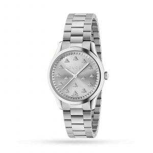 Gucci G-Timeless Ladies Silver Bee Watch - 29mm Stainless Steel & Bracelet YA1265031