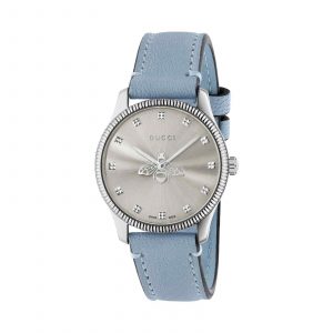 Gucci G-Timeless Ladies Silver Bee Watch - 29mm Stainless Steel & Blue Leather Strap YA1265039