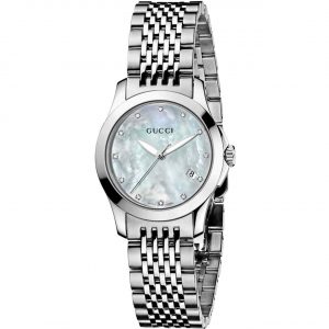 Gucci G-Timeless Ladies Diamond Mother-of-Pearl Watch - 29mm Stainless Steel & Multi-Link Bracelet YA126504