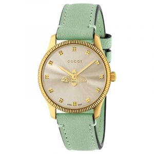 Gucci G-Timeless Ladies Gold PVD Bee Watch - 29mm Silver Dial & Green Leather Strap YA1265040