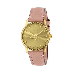 Gucci G-Timeless Ladies Gold PVD Bee Watch - 29mm Gold Dial & Pink Leather Strap YA1265041