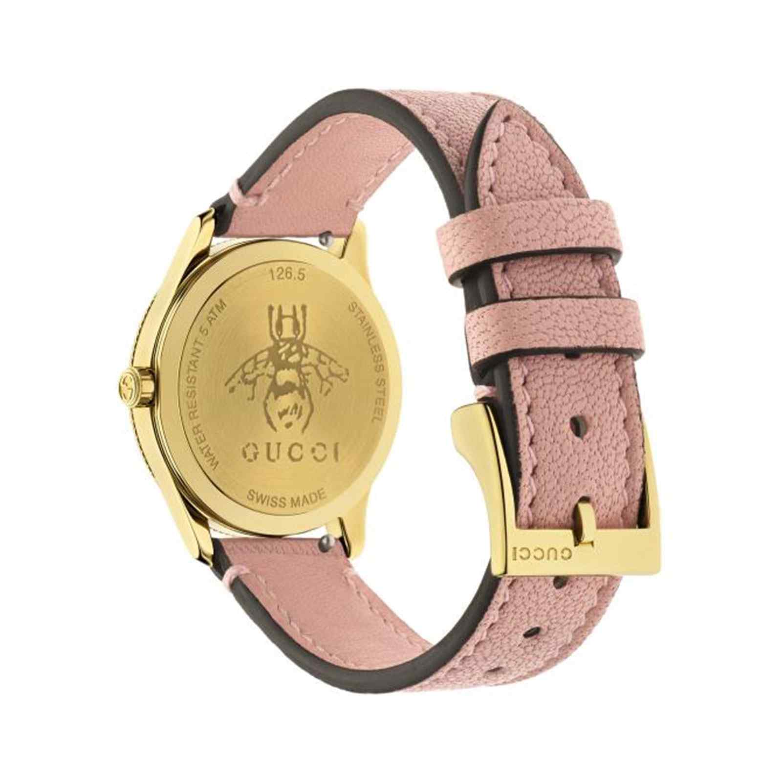 Gucci G-Timeless Ladies Gold PVD Bee Watch - 29mm Gold Dial & Pink Leather Strap YA1265041 - Image 4