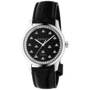 Gucci G-Timeless Automatic Ladies Black Bee Watch - 38mm Stainless Steel & Black Leather Strap YA1265055
