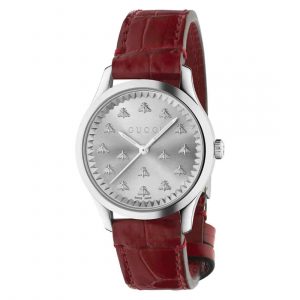 Gucci YA1265057 G-Timeless Women’s Watch – Silver Dial, Red Leather Strap