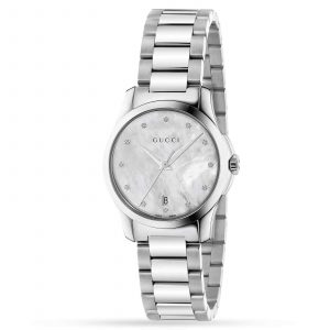 Gucci G-Timeless Ladies Diamond Watch - 29mm Mother-of-Pearl Dial & Steel Bracelet YA126542