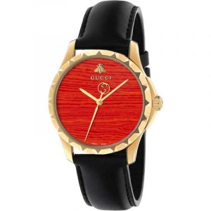 Gucci G-Timeless Ladies Gold PVD Red Dial Bee Watch - 29mm Black Leather Strap YA126556
