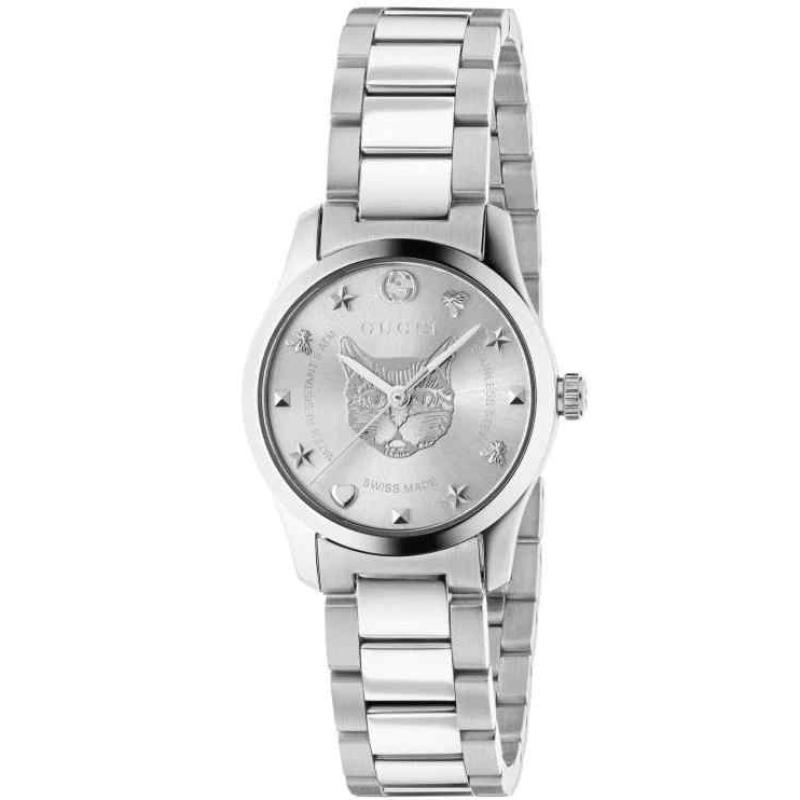 Gucci G-Timeless Ladies Silver Cat Head Watch - 29mm Stainless Steel Bracelet YA126595