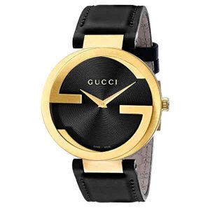 Gucci Interlocking G Ladies Gold PVD Black Dial Watch - 37mm Black Leather Strap YA133326
