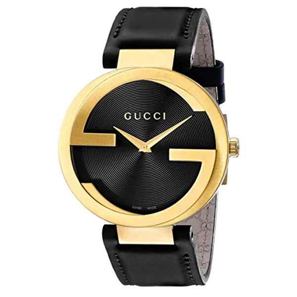 Gucci Interlocking G Ladies Gold PVD Black Dial Watch - 37mm Black Leather Strap YA133326