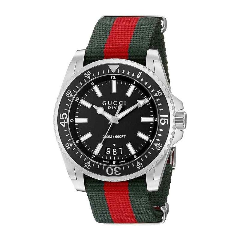 Gucci Dive Men's Swiss Quartz Watch - 40mm Black Dial & Green/Red Web Strap YA136206