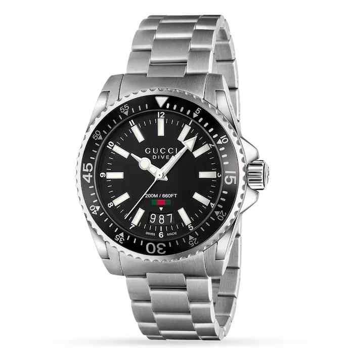 Gucci Dive Men's Swiss Quartz Watch - 40mm Black Dial & Stainless Steel Bracelet YA136301A
