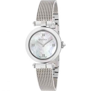 Gucci Horsebit Ladies Mother-of-Pearl Watch - 28mm Steel Mesh Bracelet YA141504