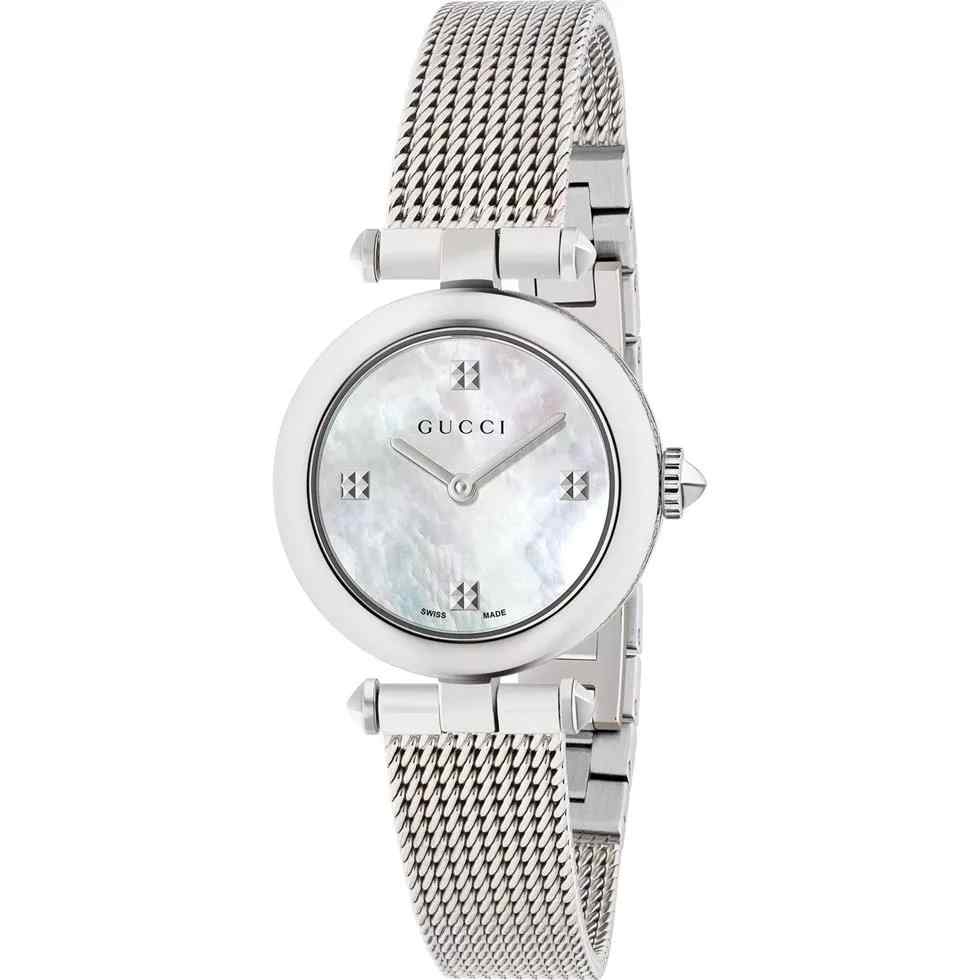 Gucci Horsebit Ladies Mother-of-Pearl Watch - 28mm Steel Mesh Bracelet YA141504