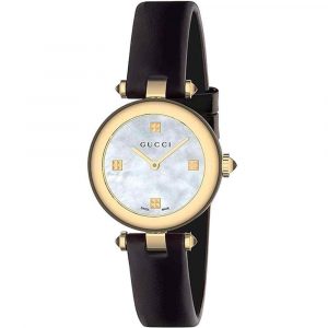 Gucci Horsebit Ladies Gold PVD Mother-of-Pearl Watch - 28mm Black Leather Strap YA141505