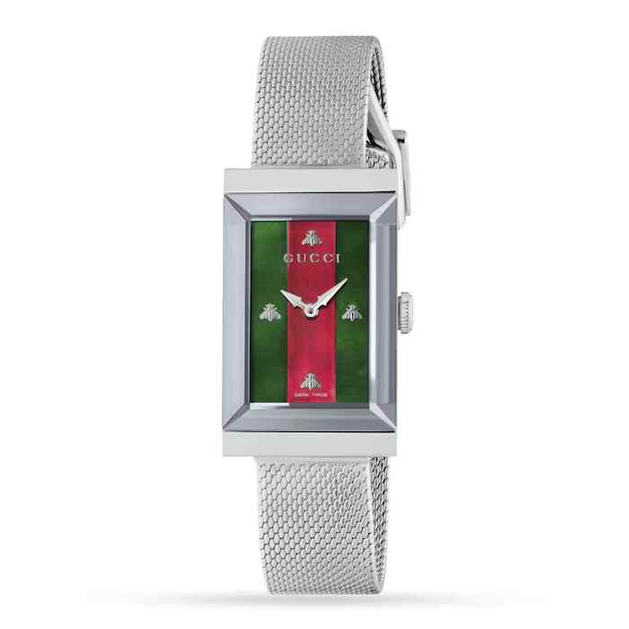Gucci G-Frame Ladies Green Red Web Bee Watch - Rectangular Steel Case & Mesh Bracelet YA147401