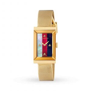 Gucci G-Frame Ladies Gold PVD Mother-of-Pearl Web Bee Watch - Rectangular Case & Mesh Bracelet YA147410