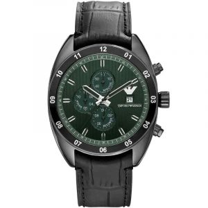 Emporio Armani Men's Chronograph Watch - AR5917 Black IP Case, Green Dial & Black Leather Strap