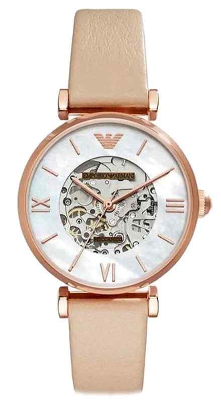 Emporio Armani Ladies' Skeleton Watch - AR60001 Rose Gold PVD & Nude Leather Strap - Image 3