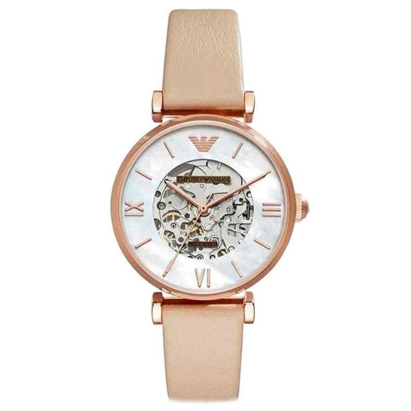 Emporio Armani Ladies' Skeleton Watch - AR60001 Rose Gold PVD & Nude Leather Strap